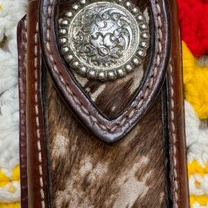 Vitg Leather Real Cow Hair Knife Holster with Ornate Silver Concho Cowhide inlay